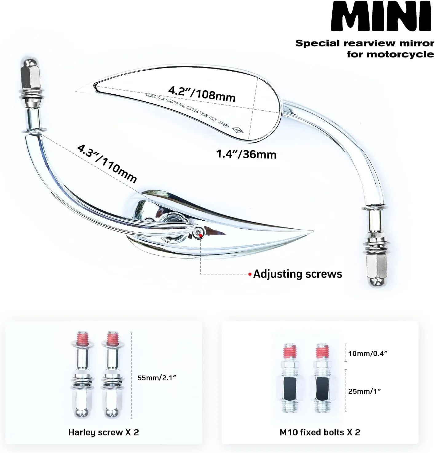 Motorcycle Mirrors, Water Drop Shape Side Mirrors Chrome M10 - Compatible with Harley Davidson Sportster Road King Street Electra Glide Dyna Softail