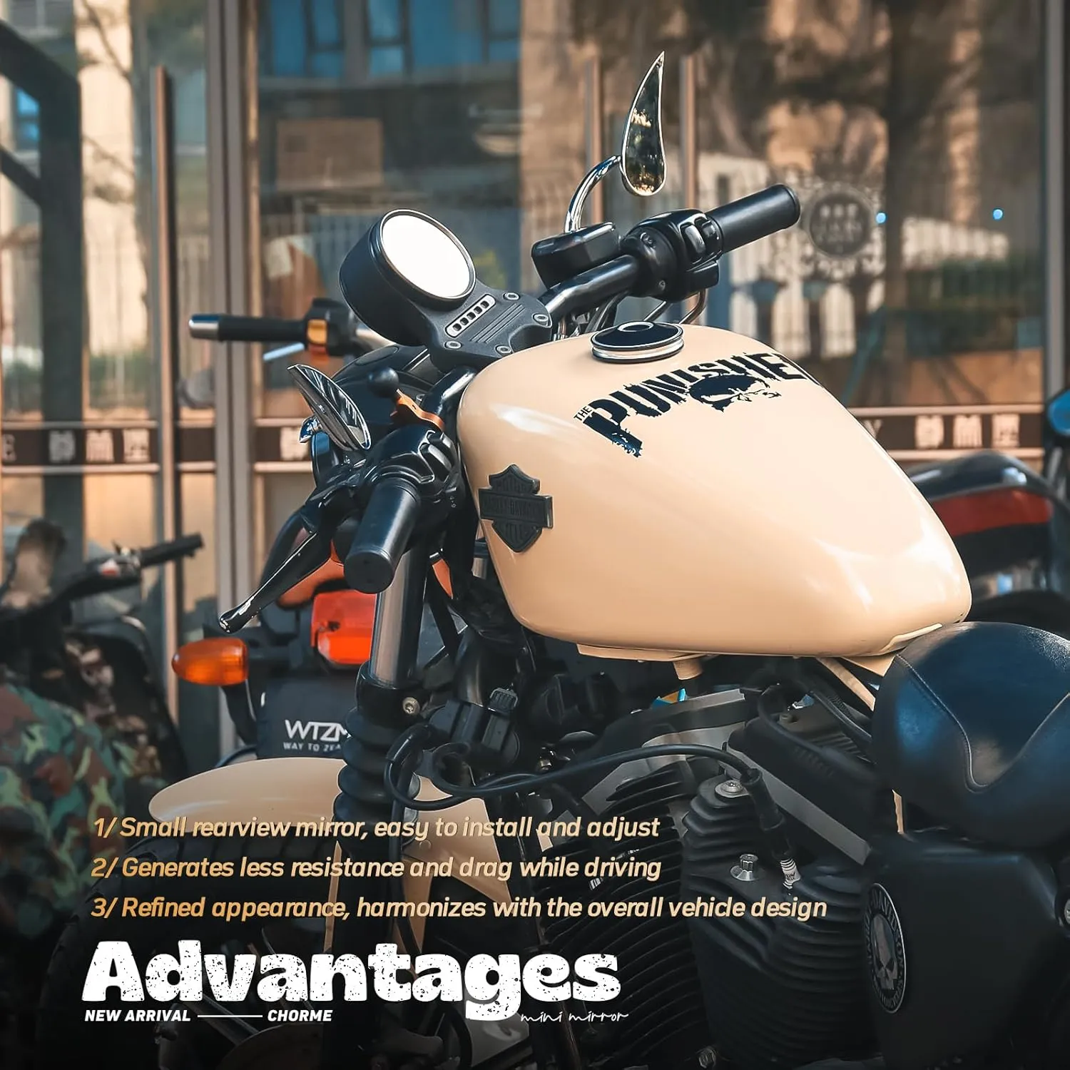 Motorcycle Mirrors, Water Drop Shape Side Mirrors Chrome M10 - Compatible with Harley Davidson Sportster Road King Street Electra Glide Dyna Softail
