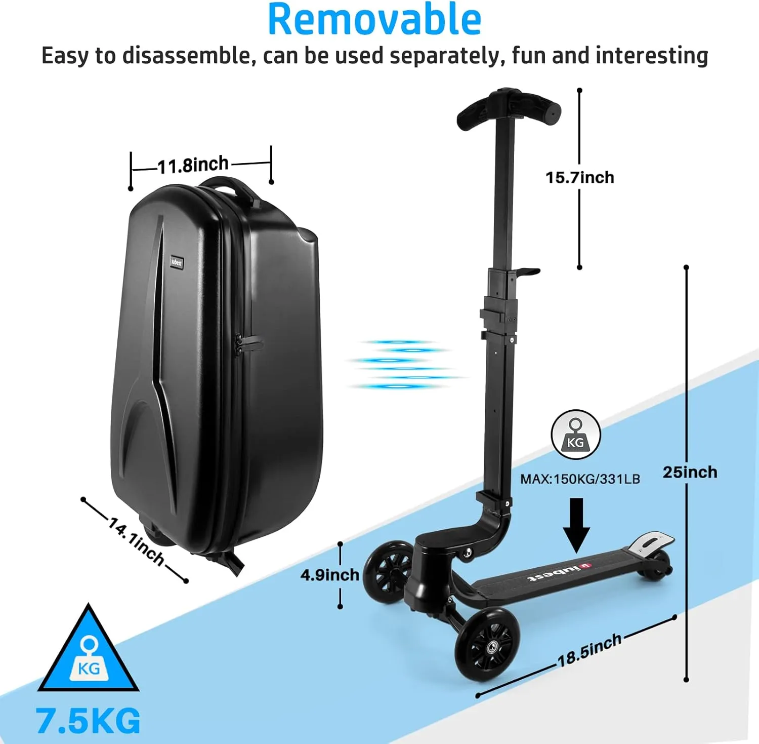 MRPLUM Scooter Luggage for Adults, Scooter Suitcase with Wheels Foldable Suitcase Trolley Case Bags for Travel Business Black