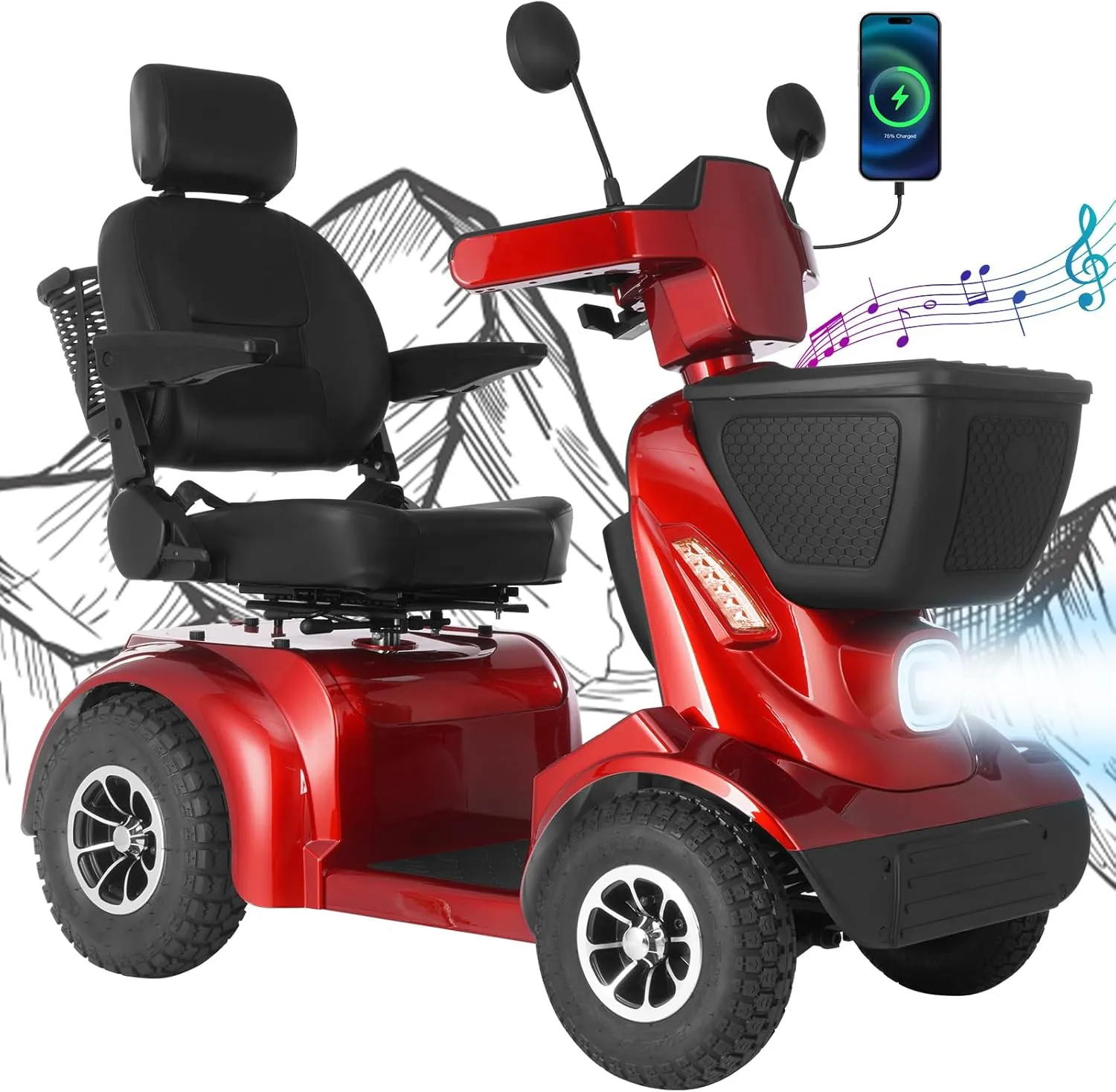 MS02 MAX All Terrain 1000W Electric Mobility Scooter for Adults& Seniors - 500LBS Load & 32 Miles Range Powerd Wheelchair Device w/Off-Road Absorber, Bluetooth Speaker, Dual Baskets, LED Light System