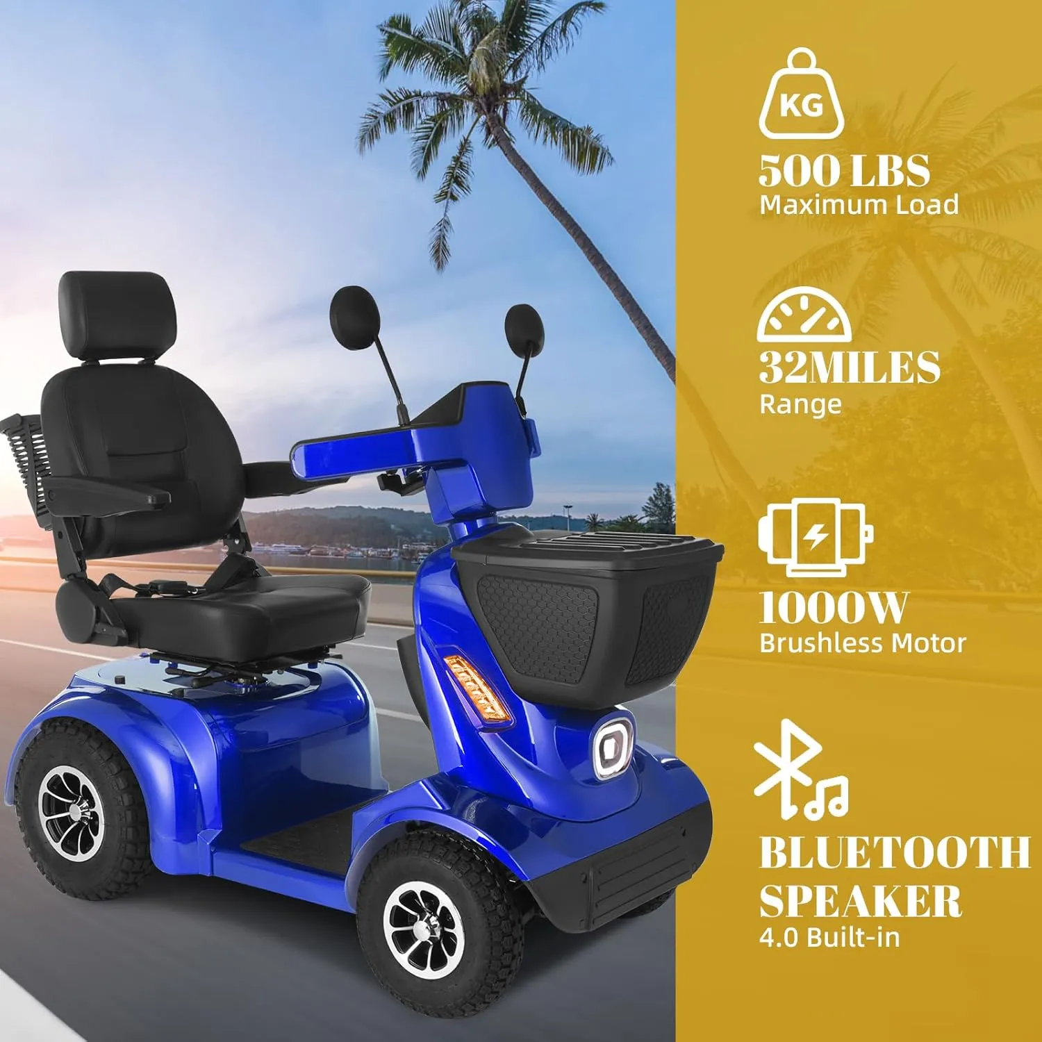 MS02 MAX All Terrain 1000W Electric Mobility Scooter for Adults& Seniors - 500LBS Load & 32 Miles Range Powerd Wheelchair Device w/Off-Road Absorber, Bluetooth Speaker, Dual Baskets, LED Light System