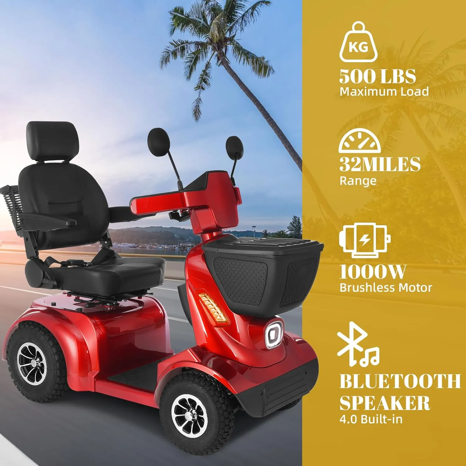 MS02 MAX All Terrain 1000W Electric Mobility Scooter for Adults& Seniors - 500LBS Load & 32 Miles Range Powerd Wheelchair Device w/Off-Road Absorber, Bluetooth Speaker, Dual Baskets, LED Light System
