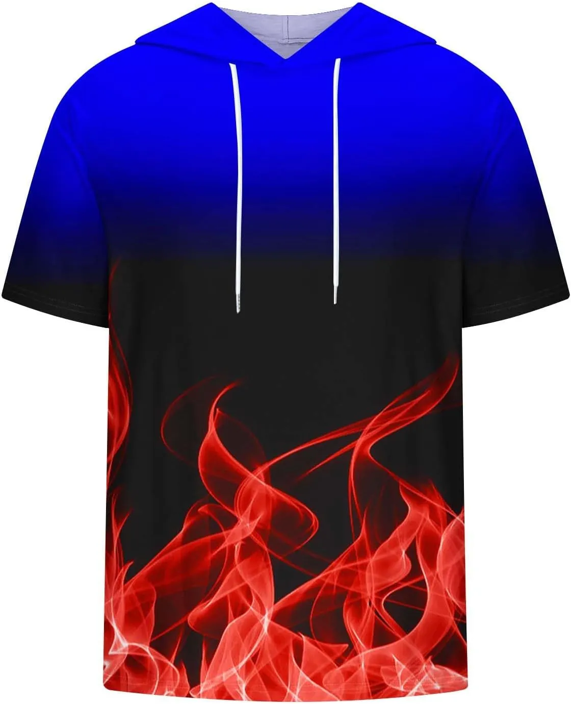 Muscularfit Graphic Tees Men 2024 Fashion Flame Print Drawstring Hooded Shirts Casual Short Sleeve Loose Pullover Workout Top