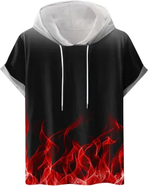 Muscularfit Graphic Tees Men 2024 Fashion Flame Print Drawstring Hooded Shirts Casual Short Sleeve Loose Pullover Workout Top