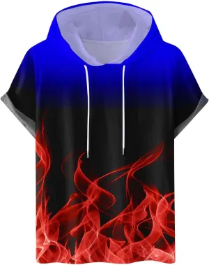 Muscularfit Graphic Tees Men 2024 Fashion Flame Print Drawstring Hooded Shirts Casual Short Sleeve Loose Pullover Workout Top