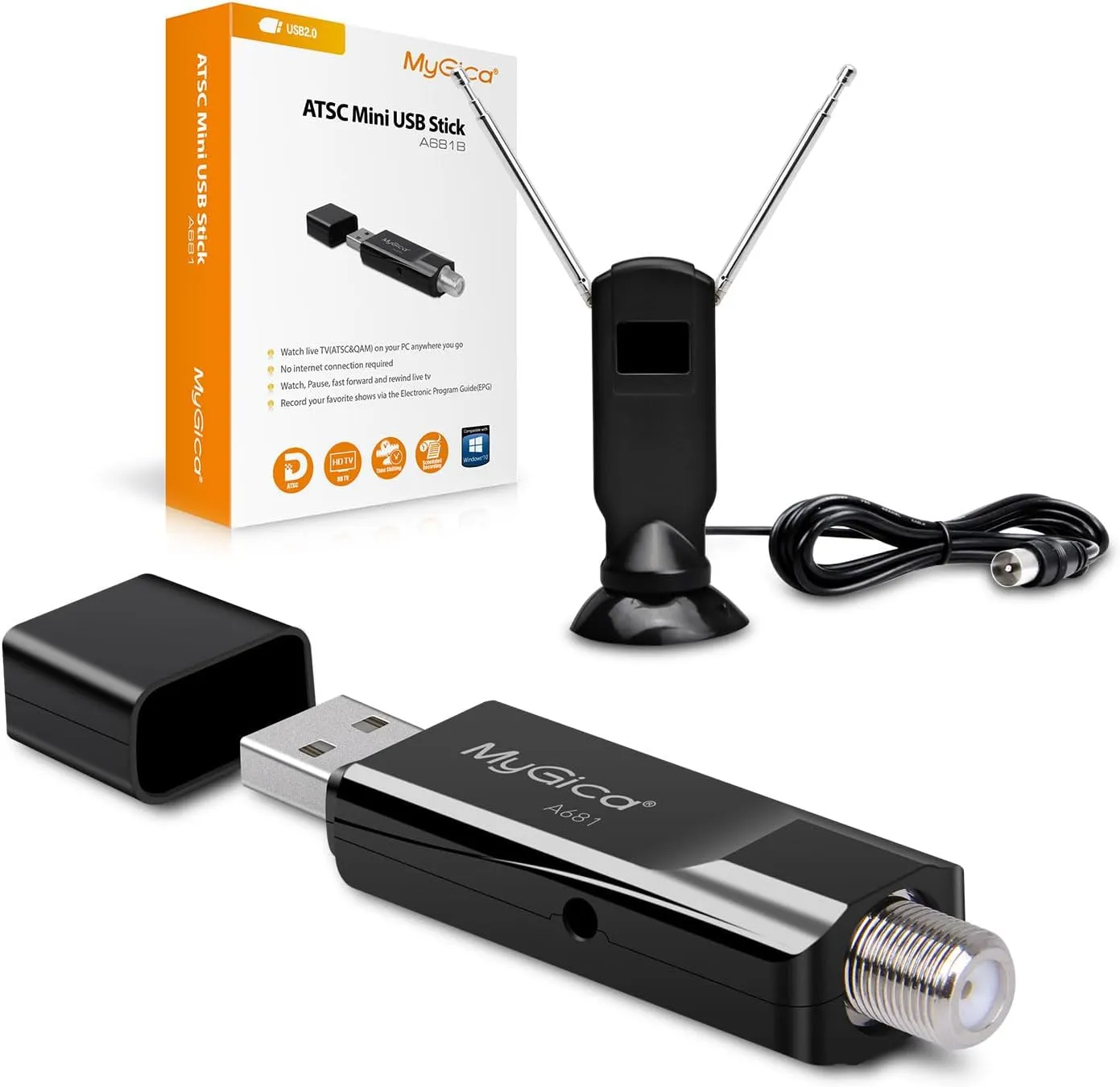 Mygica A681B Analog USB TV Tuner Card Antenna, Recast ATSC HD Digital External HDTV Tuner Stick Dongle Adapter for Window, Linux, for PC Computer Laptop Android TV Box, Android Car Navigation