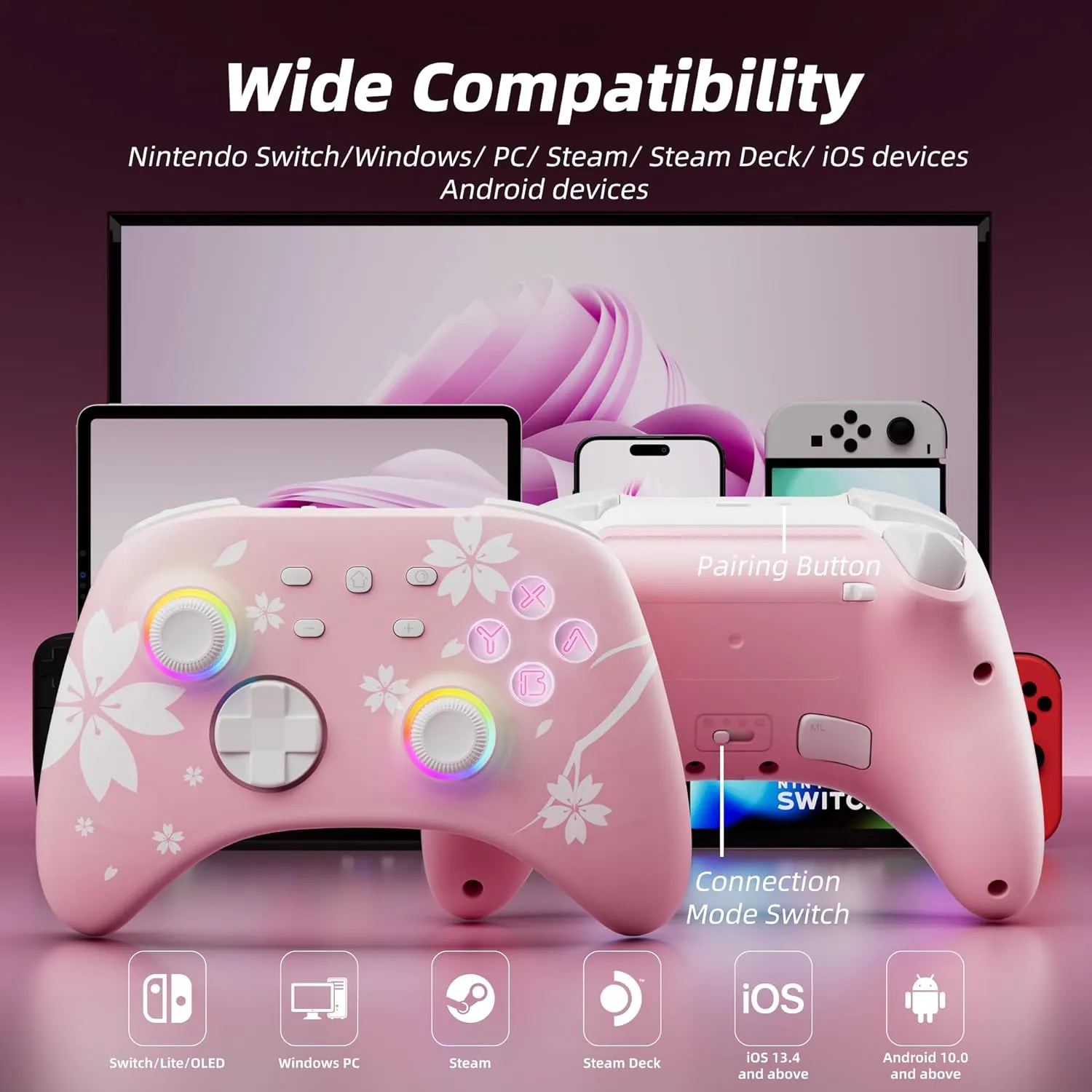 Mytrix Wireless Pro Controller, Hall Effect Bluetooth Controllers for Nintendo Switch/PC/Steam/iPad/Mac/Tablet/Laptop, with RGB Light/Macro Keys/Turbo Button/4 Joystick Replacements, Sakura Pink