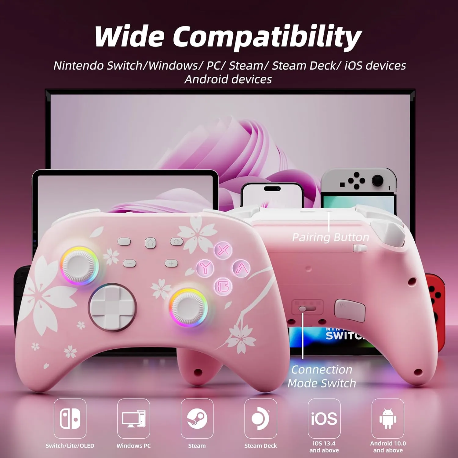 Mytrix Wireless Pro Controller, Hall Effect Joysticks & Triggers Bluetooth Controllers for Nintendo Switch/PC/Steam/iPad/Mac/Tablet/Laptop, with RGB Light/Macro Keys/Turbo Button, Sakura Pink
