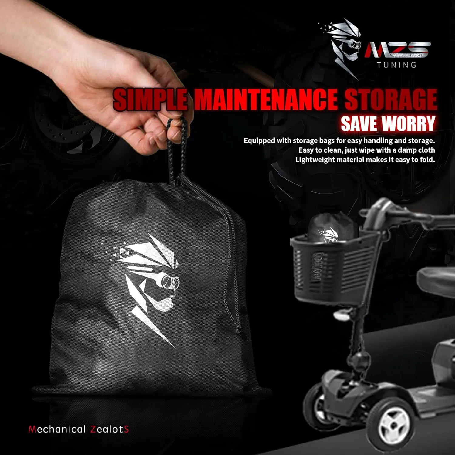 MZS Mobility Scooter Storage Cover, Outdoor Waterproof Protection Electric Scooter Cover Accessories fit up to 56 inch 3 or 4 Wheel Scooters - Vents Night Reflective Buckle Lock-Holes Bag
