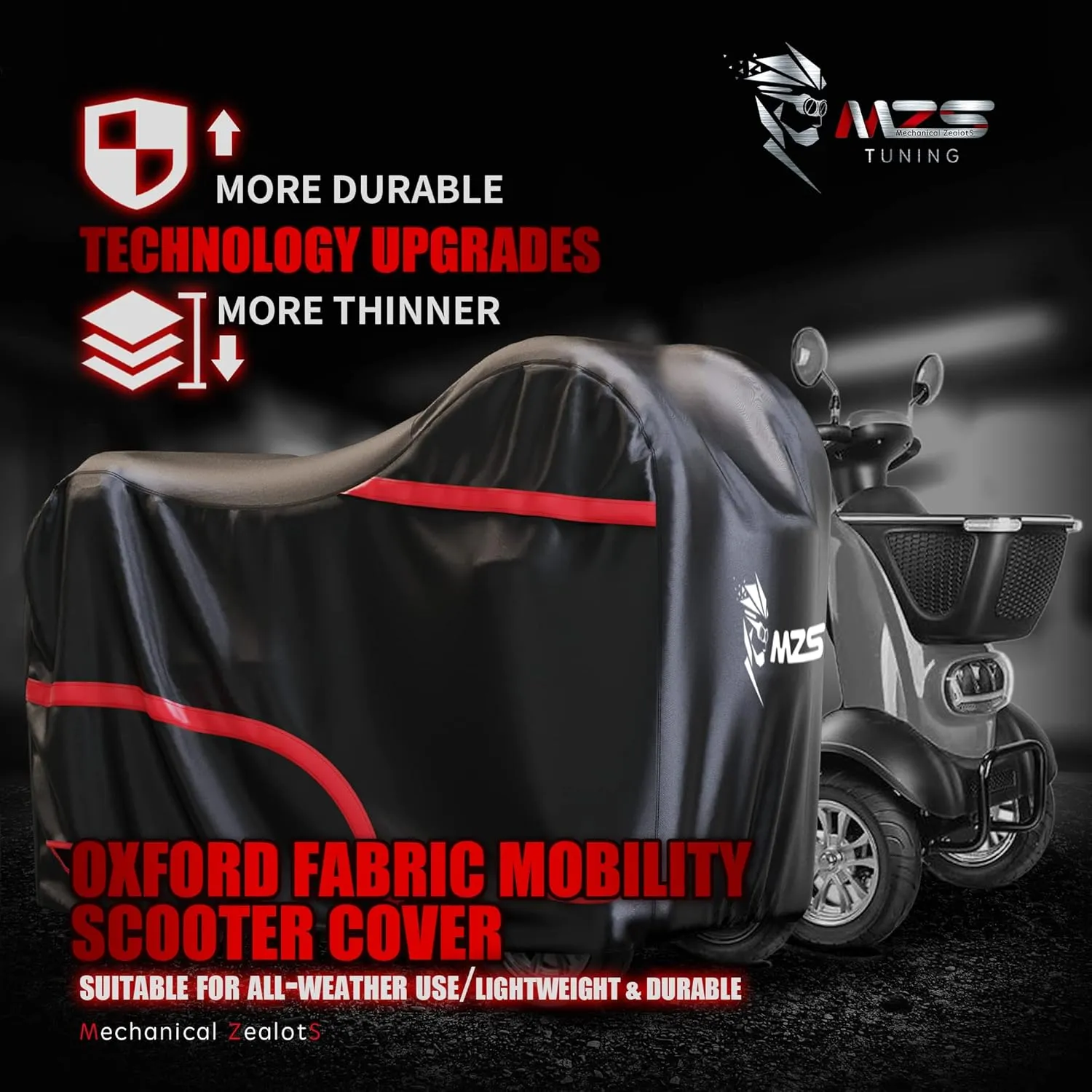 MZS Mobility Scooter Storage Cover, Outdoor Waterproof Protection Electric Scooter Cover Accessories fit up to 56 inch 3 or 4 Wheel Scooters - Vents Night Reflective Buckle Lock-Holes Bag