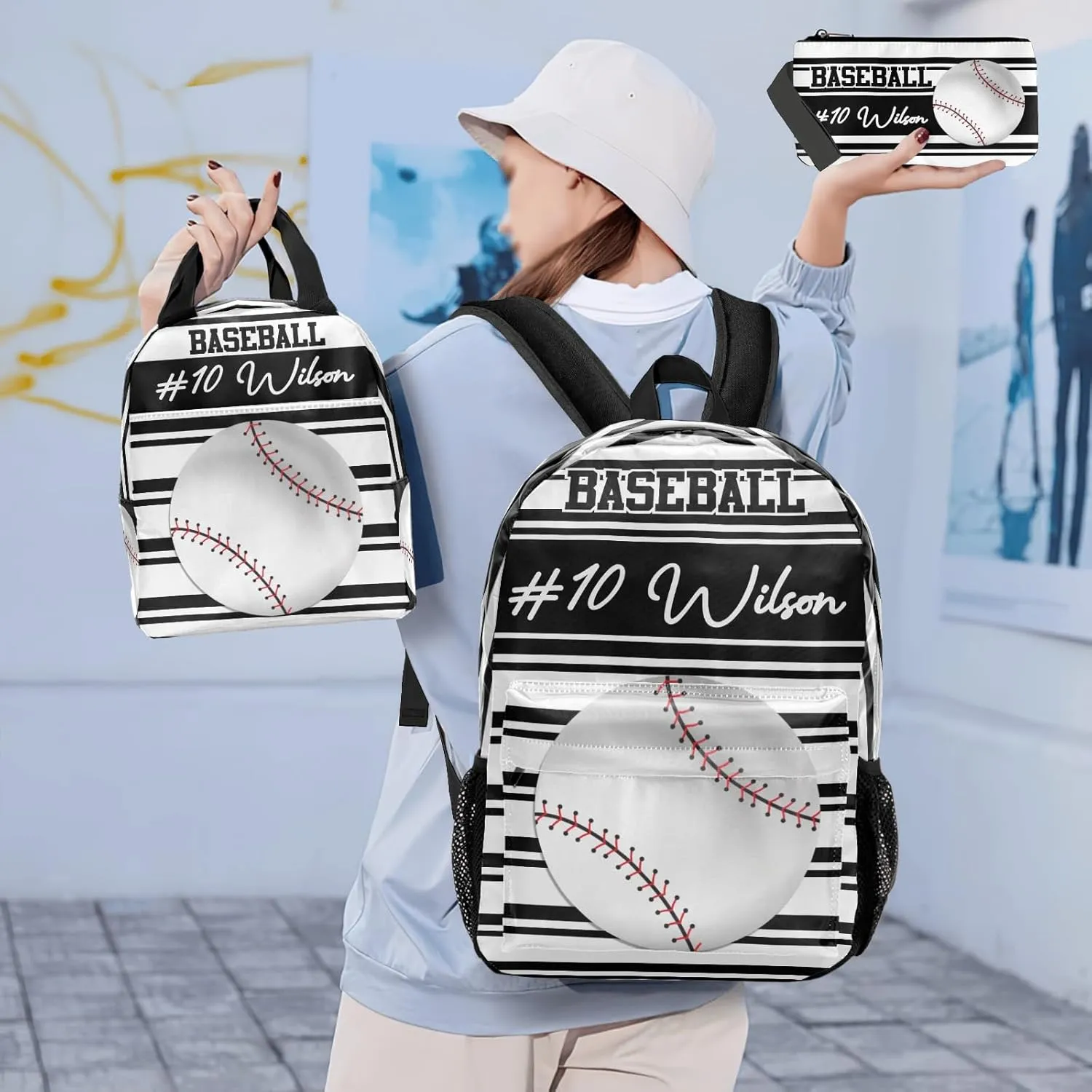 Name Baseball Backpacks Set with Multifunctional Dirt Resistant Lunch Handbag Tableware Bag Laptop Bag Travel Gift Stripes