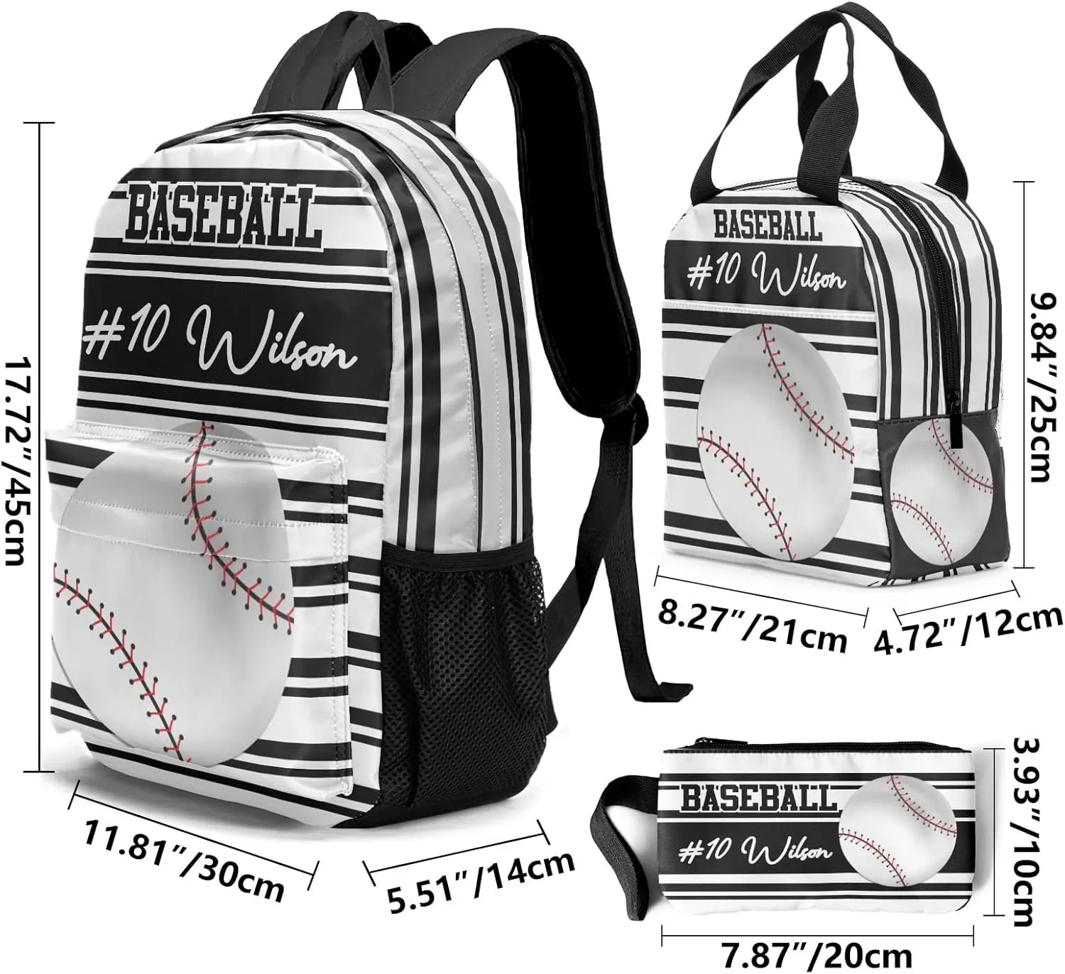 Name Baseball Backpacks Set with Multifunctional Dirt Resistant Lunch Handbag Tableware Bag Laptop Bag Travel Gift Stripes