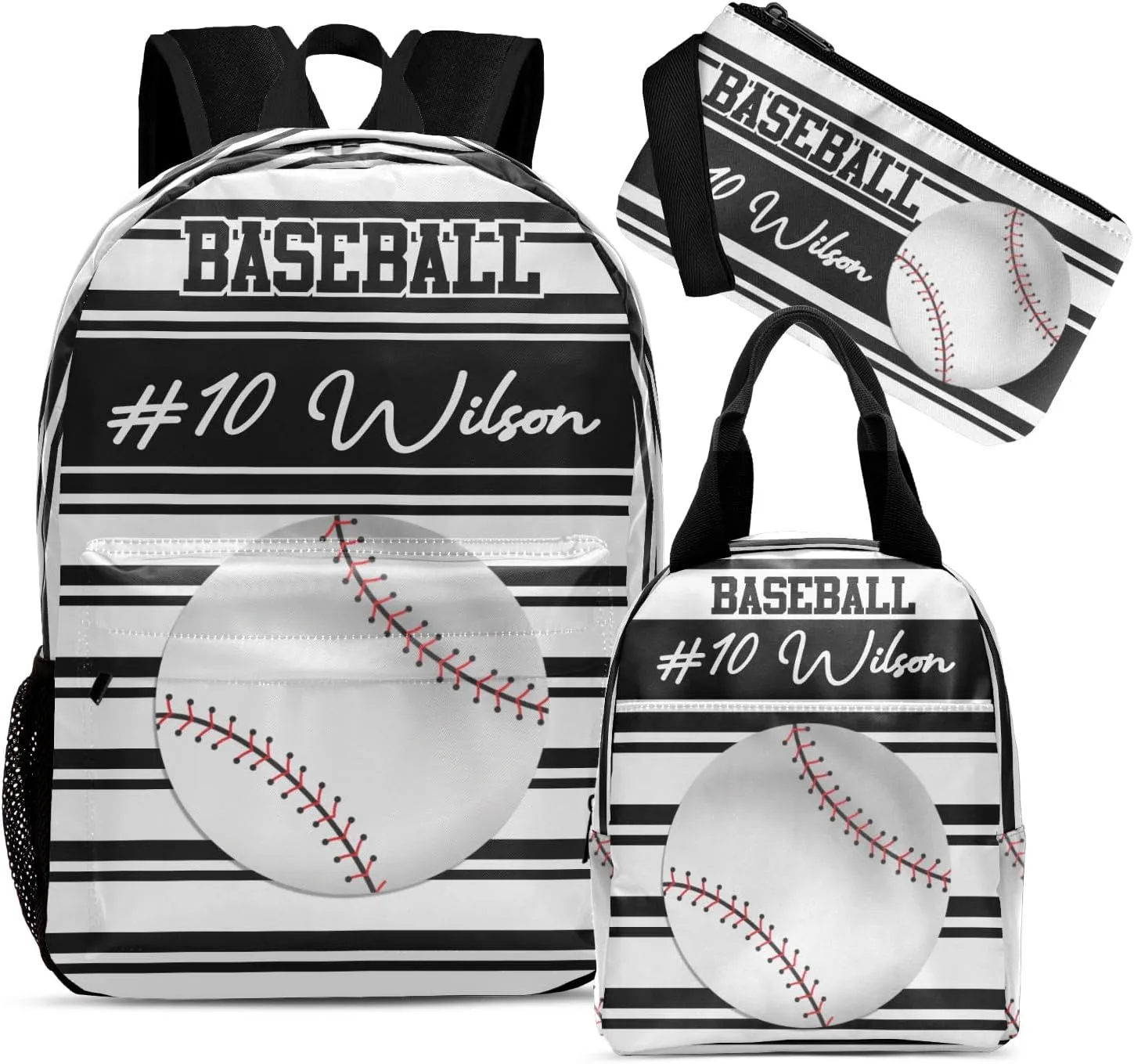 Name Baseball Backpacks Set with Multifunctional Dirt Resistant Lunch Handbag Tableware Bag Laptop Bag Travel Gift Stripes