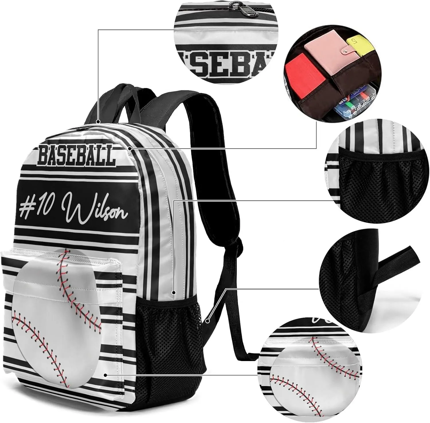 Name Baseball Backpacks Set with Multifunctional Dirt Resistant Lunch Handbag Tableware Bag Laptop Bag Travel Gift Stripes