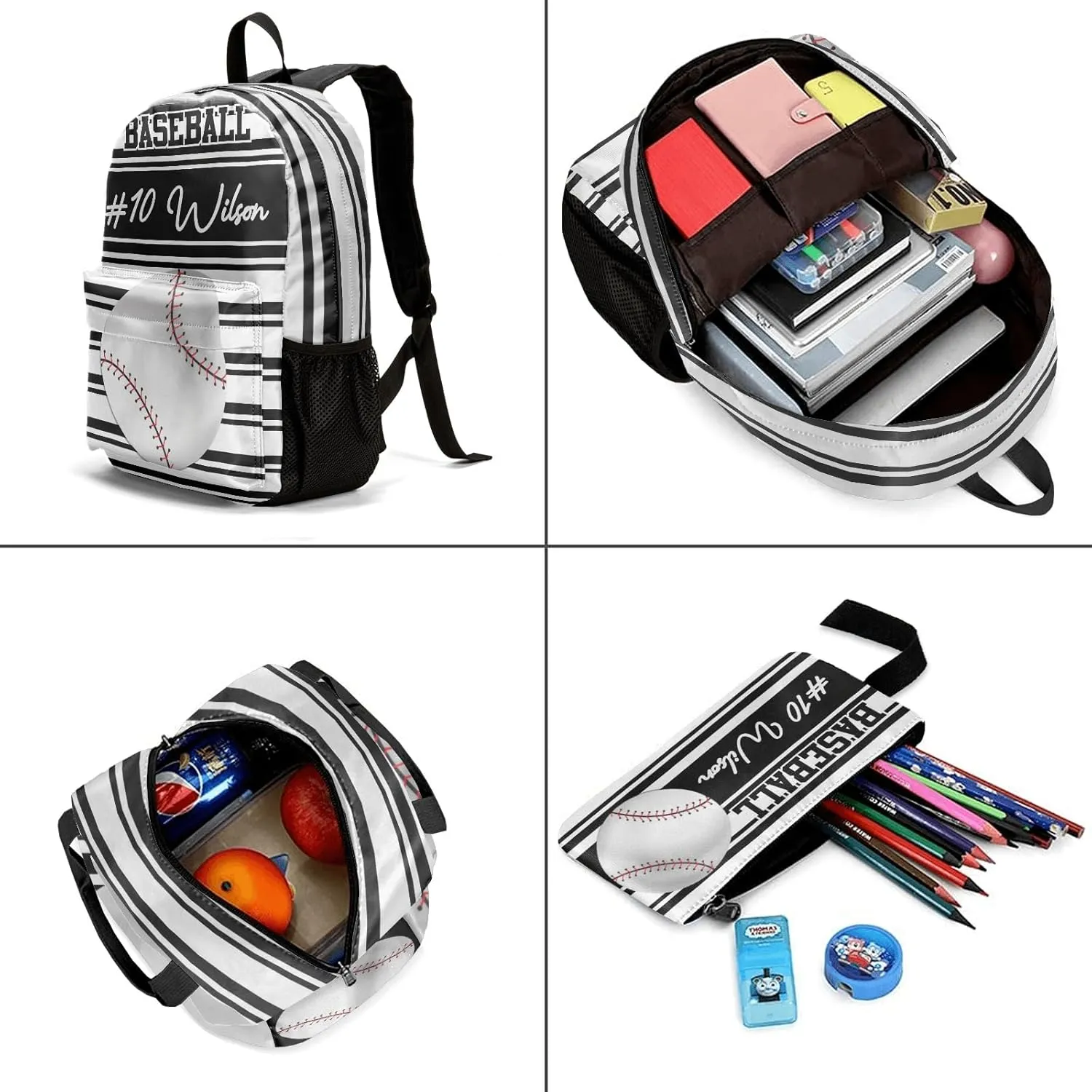 Name Baseball Backpacks Set with Multifunctional Dirt Resistant Lunch Handbag Tableware Bag Laptop Bag Travel Gift Stripes