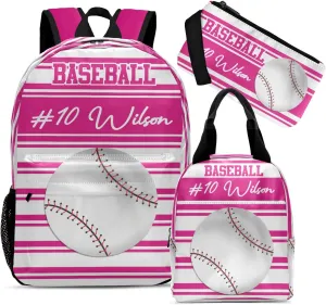 Name Custom Baseball Backpacks Set Waterproof Multifunctional Decorate Lunch Bag Pencil Case Laptop Bag for Gift Pink Stripes