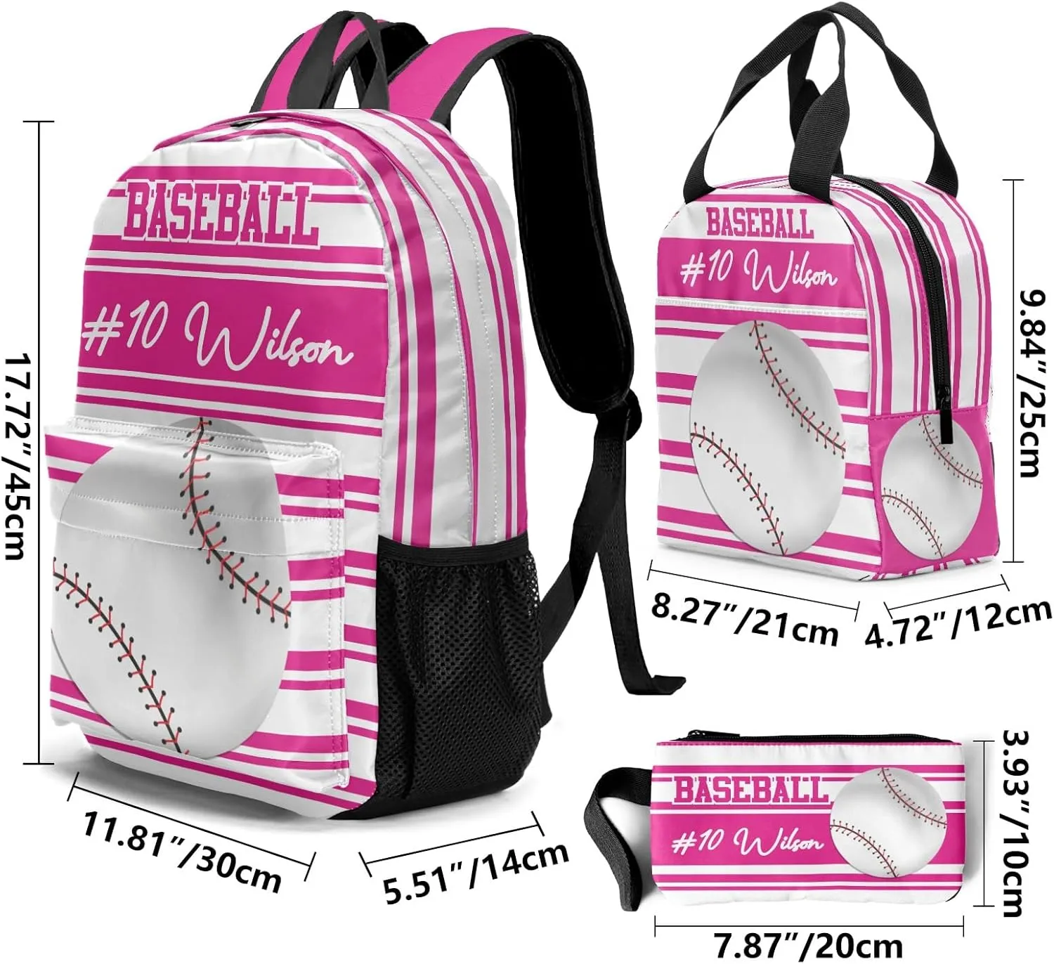 Name Custom Baseball Backpacks Set Waterproof Multifunctional Decorate Lunch Bag Pencil Case Laptop Bag for Gift Pink Stripes