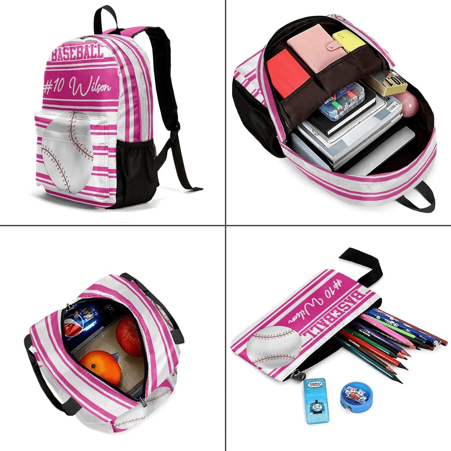 Name Custom Baseball Backpacks Set Waterproof Multifunctional Decorate Lunch Bag Pencil Case Laptop Bag for Gift Pink Stripes