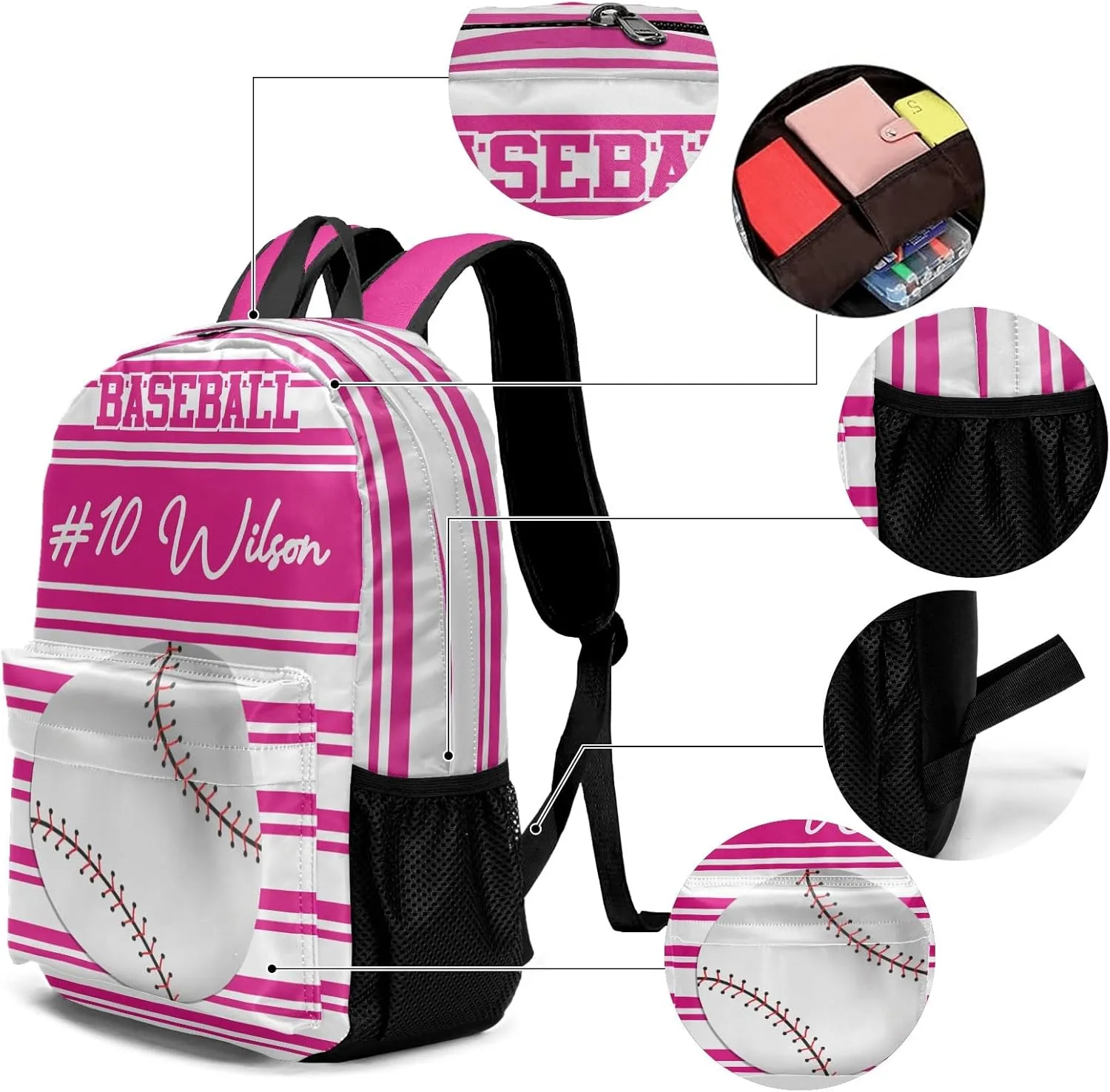 Name Custom Baseball Backpacks Set Waterproof Multifunctional Decorate Lunch Bag Pencil Case Laptop Bag for Gift Pink Stripes