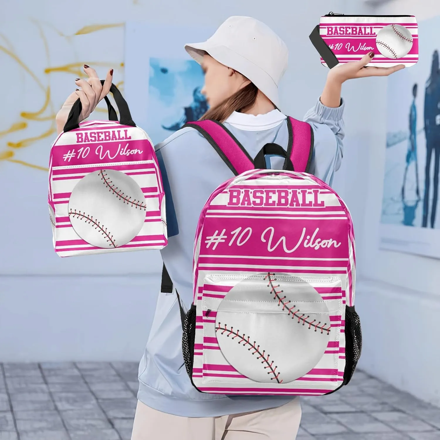 Name Custom Baseball Backpacks Set Waterproof Multifunctional Decorate Lunch Bag Pencil Case Laptop Bag for Gift Pink Stripes