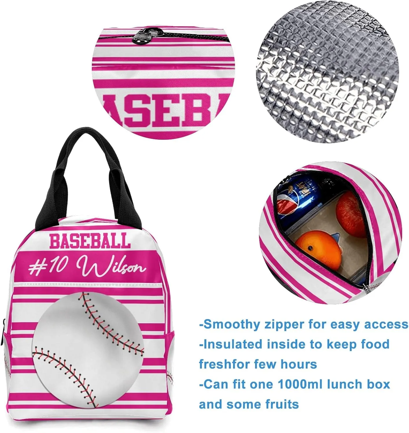 Name Custom Baseball Backpacks Set Waterproof Multifunctional Decorate Lunch Bag Pencil Case Laptop Bag for Gift Pink Stripes