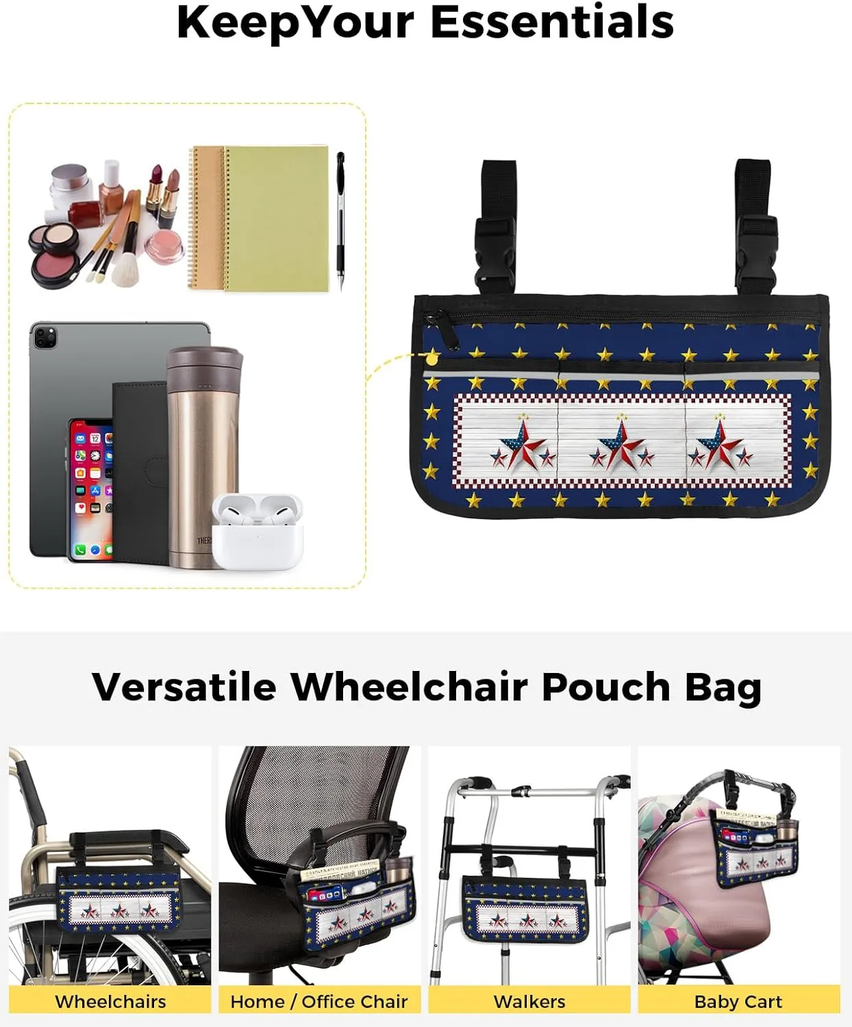 National Flag Wheelchair Side Bag Walker Bag Walker Accessories Armrest Storage Pouches with Reflective Stripes Organizer Bag Independence Day American Flag Patriotic Stars Retro Wooden Planks Bag