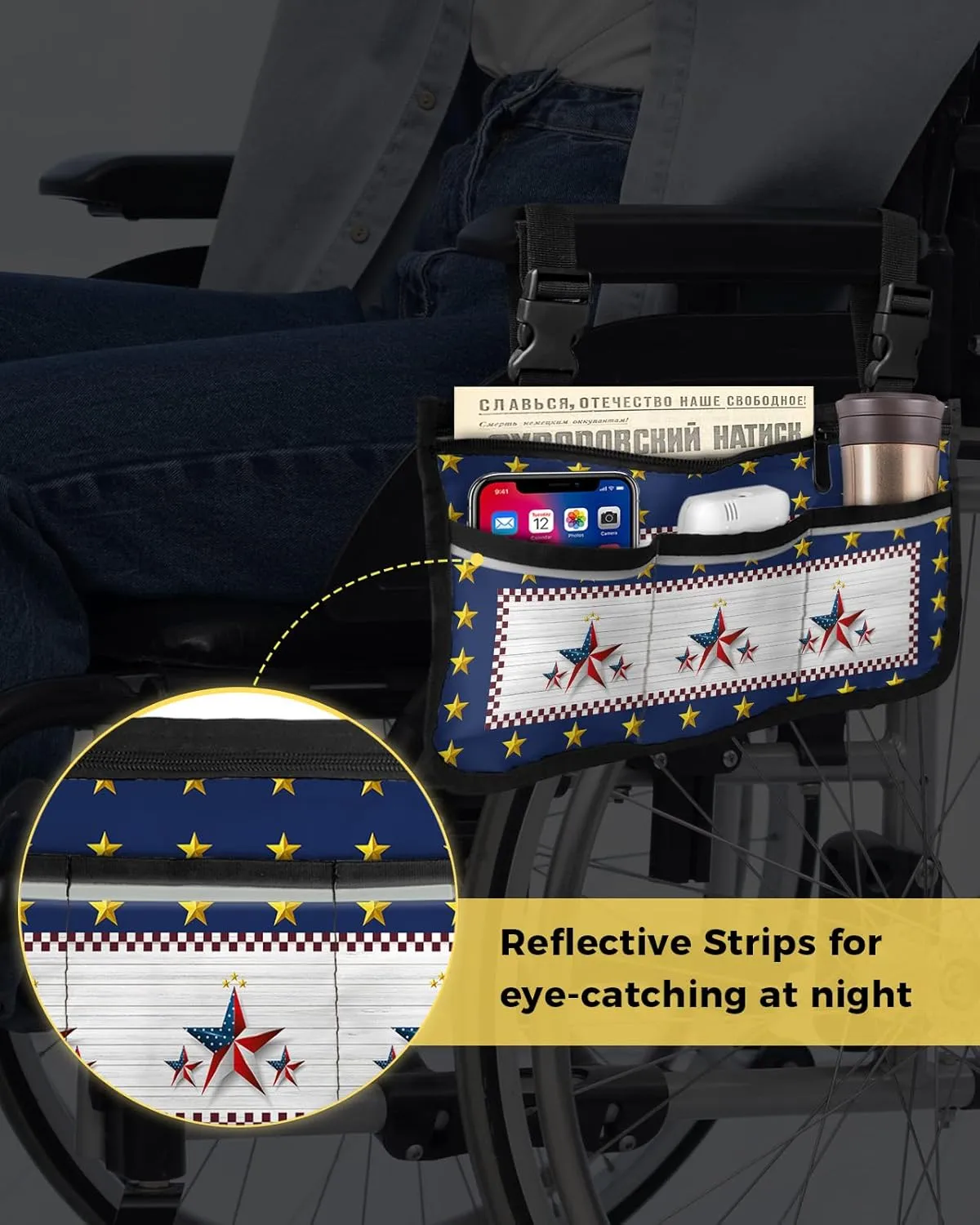 National Flag Wheelchair Side Bag Walker Bag Walker Accessories Armrest Storage Pouches with Reflective Stripes Organizer Bag Independence Day American Flag Patriotic Stars Retro Wooden Planks Bag