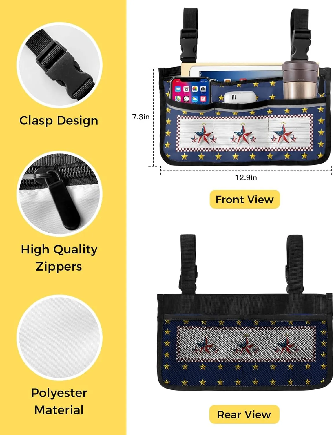 National Flag Wheelchair Side Bag Walker Bag Walker Accessories Armrest Storage Pouches with Reflective Stripes Organizer Bag Independence Day American Flag Patriotic Stars Retro Wooden Planks Bag
