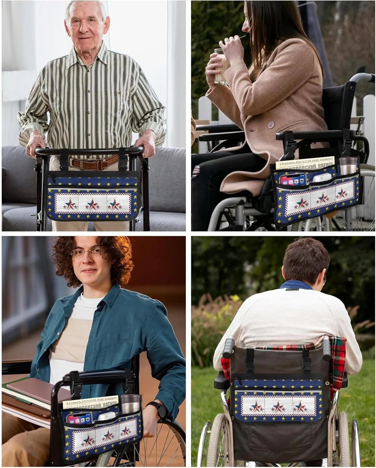 National Flag Wheelchair Side Bag Walker Bag Walker Accessories Armrest Storage Pouches with Reflective Stripes Organizer Bag Independence Day American Flag Patriotic Stars Retro Wooden Planks Bag
