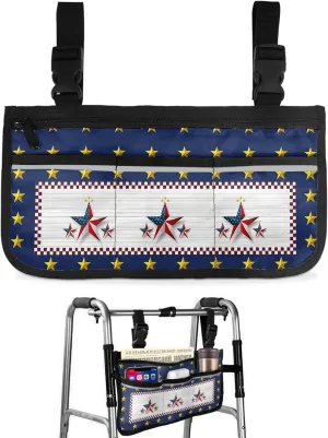 National Flag Wheelchair Side Bag Walker Bag Walker Accessories Armrest Storage Pouches with Reflective Stripes Organizer Bag Independence Day American Flag Patriotic Stars Retro Wooden Planks Bag