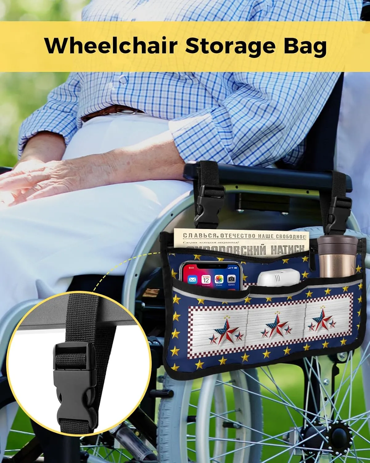 National Flag Wheelchair Side Bag Walker Bag Walker Accessories Armrest Storage Pouches with Reflective Stripes Organizer Bag Independence Day American Flag Patriotic Stars Retro Wooden Planks Bag