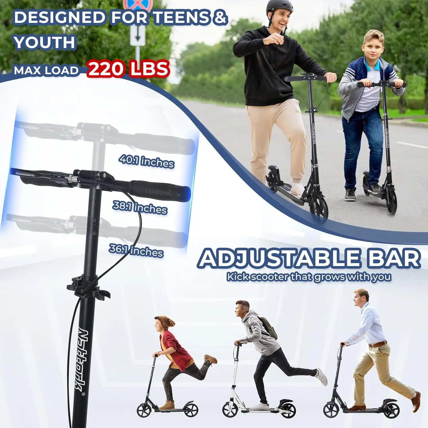 Nattork Scooter for Kids 8-12, Teens and Adults- Adjustable Height Folding Kick Scooter with Large Sturdy Wheels for a Smooth Ride, Lightweight, Anti-Shock Suspension