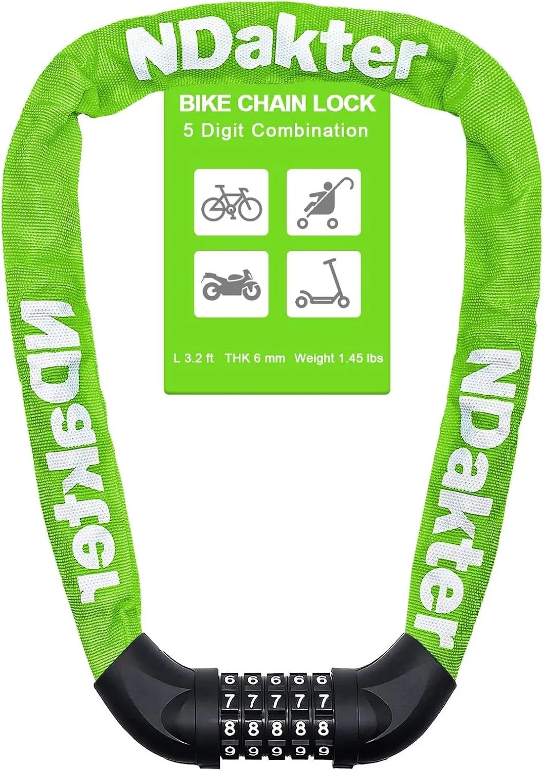 NDakter Bike Chain Lock, 5 Digit Combination Heavy Duty Anti Theft Bicycle Chain Lock,2.62/3.2/4.27/5/6Ft Long Security Resettable Bike Locks for Bike, Bicycle, Scooter, Door, Gate, Fence-4/6mm Thick