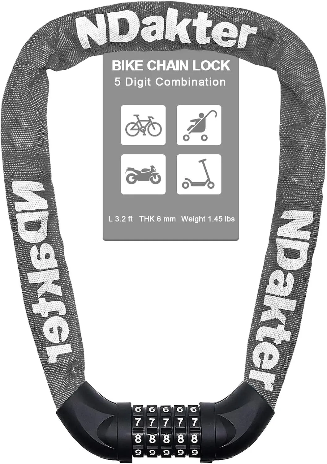 NDakter Bike Chain Lock, 5 Digit Combination Heavy Duty Anti Theft Bicycle Chain Lock,2.62/3.2/4.27/5/6Ft Long Security Resettable Bike Locks for Bike, Bicycle, Scooter, Door, Gate, Fence-4/6mm Thick