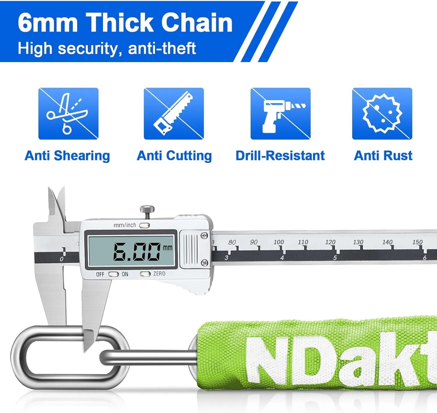 NDakter Bike Chain Lock, 5 Digit Combination Heavy Duty Anti Theft Bicycle Chain Lock,2.62/3.2/4.27/5/6Ft Long Security Resettable Bike Locks for Bike, Bicycle, Scooter, Door, Gate, Fence-4/6mm Thick