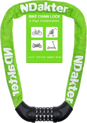 NDakter Bike Chain Lock, 5 Digit Combination Heavy Duty Anti Theft Bicycle Chain Lock,2.62/3.2/4.27/5/6Ft Long Security Resettable Bike Locks for Bike, Bicycle, Scooter, Door, Gate, Fence-4/6mm Thick