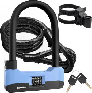 NDakter Bike Locks Heavy Duty Anti Theft，18mm Bicycle Combo U Lock with 5FT Cable, 4-Digit Resettable Combination Electric Scooter Lock with 2Keys and Bracket for Tricycle, Moped, Motorcycle (Blue)