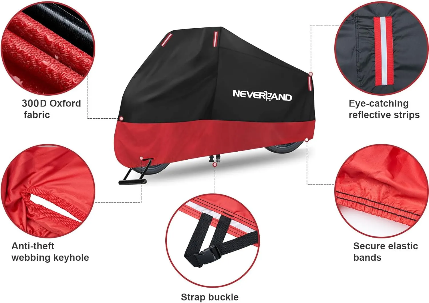 NEVERLAND Motorcycle Cover, 300D Scooter Cover Waterproof Outdoor Heavy Duty All Season Protection, Universal Motorbike Cover with Night Reflective, Lock-Holes, Storage Bag (Up to 116")