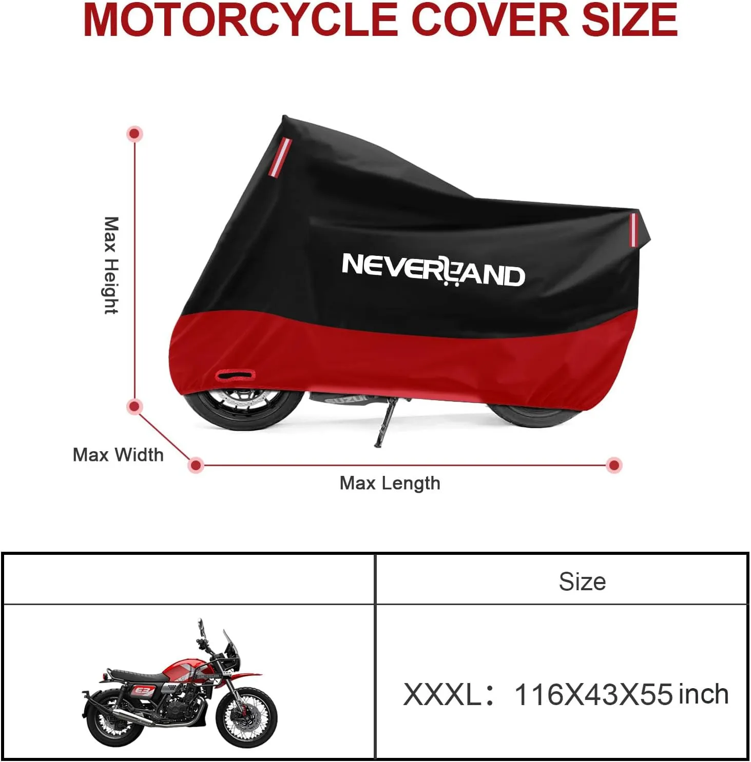 NEVERLAND Motorcycle Cover, 300D Scooter Cover Waterproof Outdoor Heavy Duty All Season Protection, Universal Motorbike Cover with Night Reflective, Lock-Holes, Storage Bag (Up to 116")