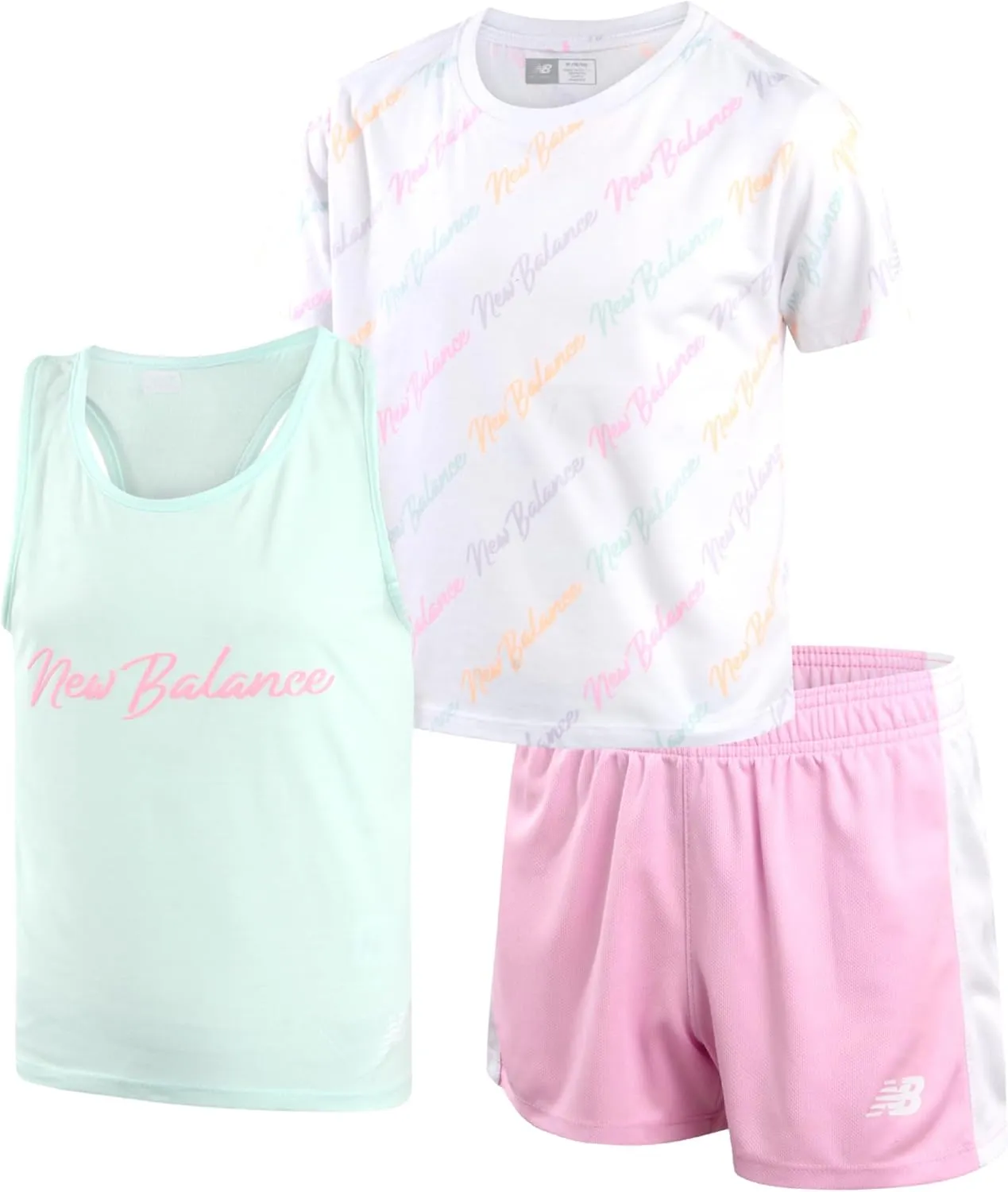 New Balance Girls' Active Shorts Set - 3 Piece Performance T-Shirt, Tank Top, and Gym Shorts - Summer Outfit for Girls (7-12)