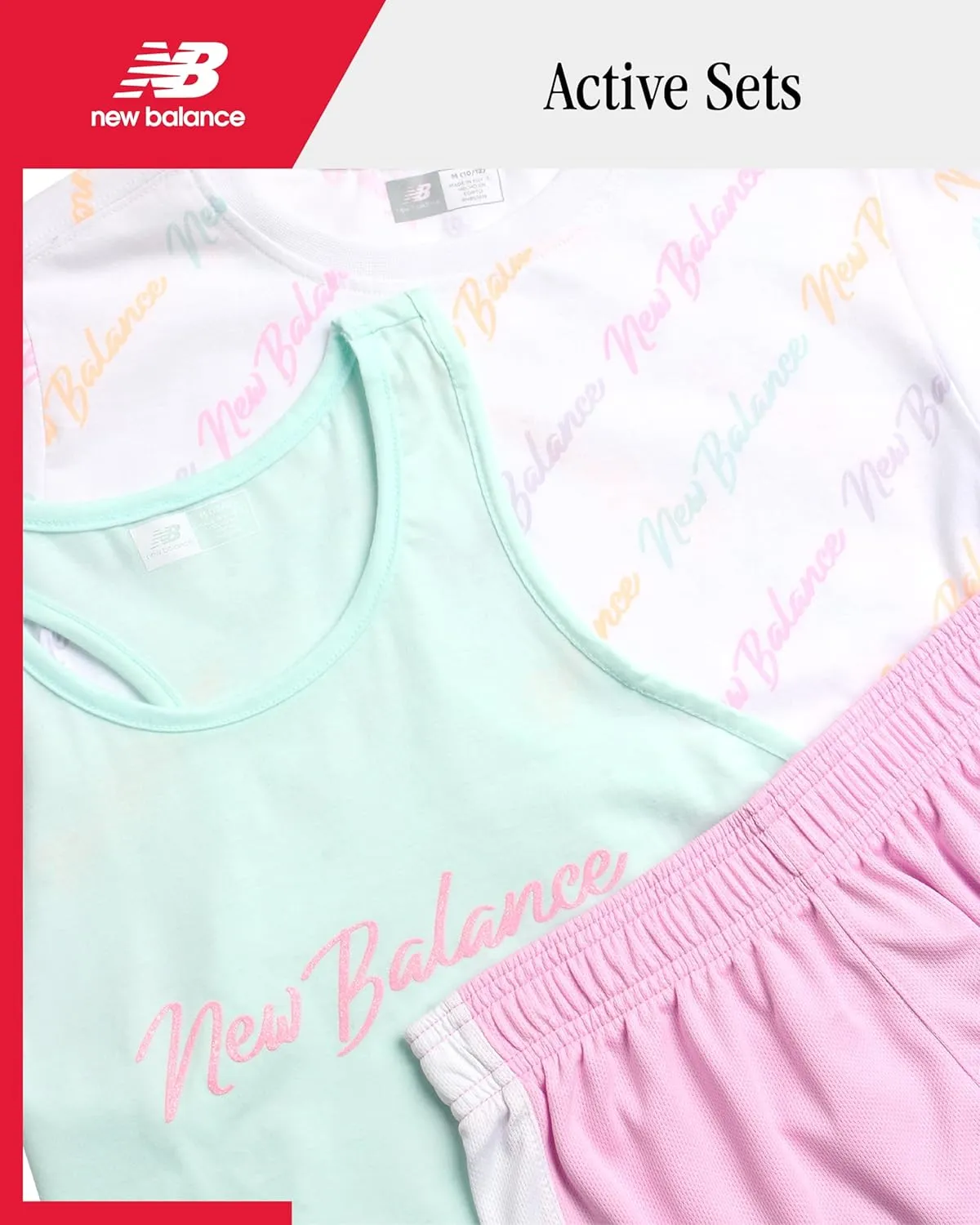 New Balance Girls' Active Shorts Set - 3 Piece Performance T-Shirt, Tank Top, and Gym Shorts - Summer Outfit for Girls (7-12)