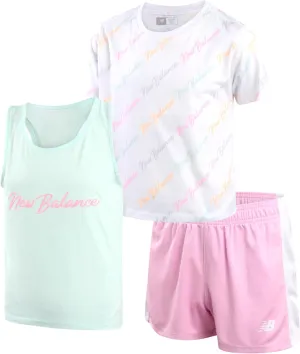 New Balance Girls' Active Shorts Set - 3 Piece Performance T-Shirt, Tank Top, and Gym Shorts - Summer Outfit for Girls (7-12)