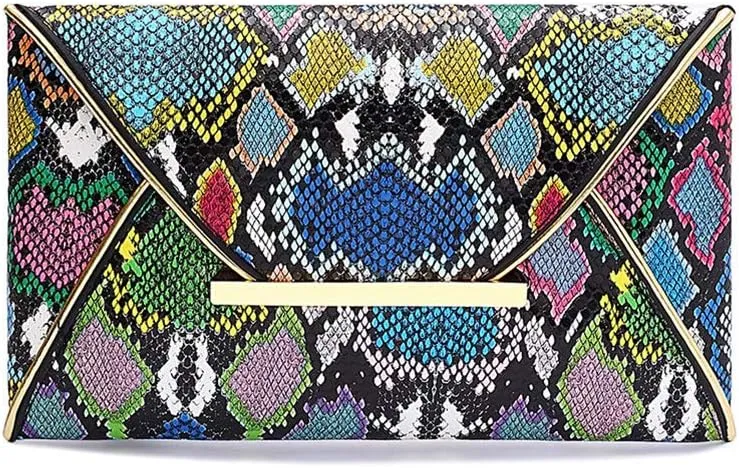 Newfancy Women Snakeskin Envelope Clutch Bag Crossbody Purses With Chains Evening Party Prom Shoulder Messenger Handbags