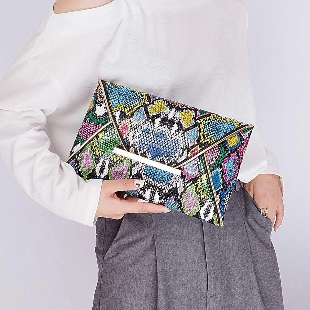 Newfancy Women Snakeskin Envelope Clutch Bag Crossbody Purses With Chains Evening Party Prom Shoulder Messenger Handbags