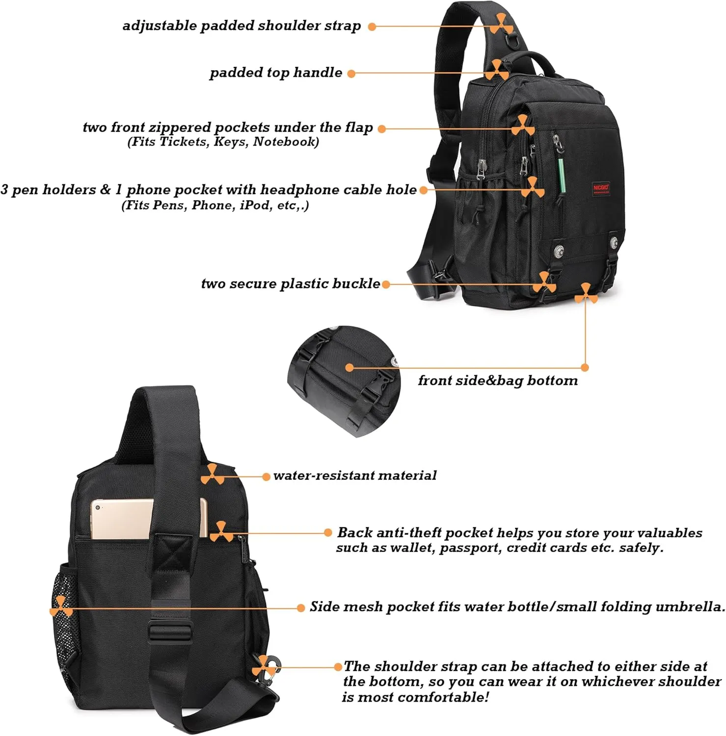 NICGID Sling Bags Chest Shoulder Backpacks, 13.3'' 14.1'' 15.6''Laptop Backpack Crossbody Messenger Bag Travel Outdoor