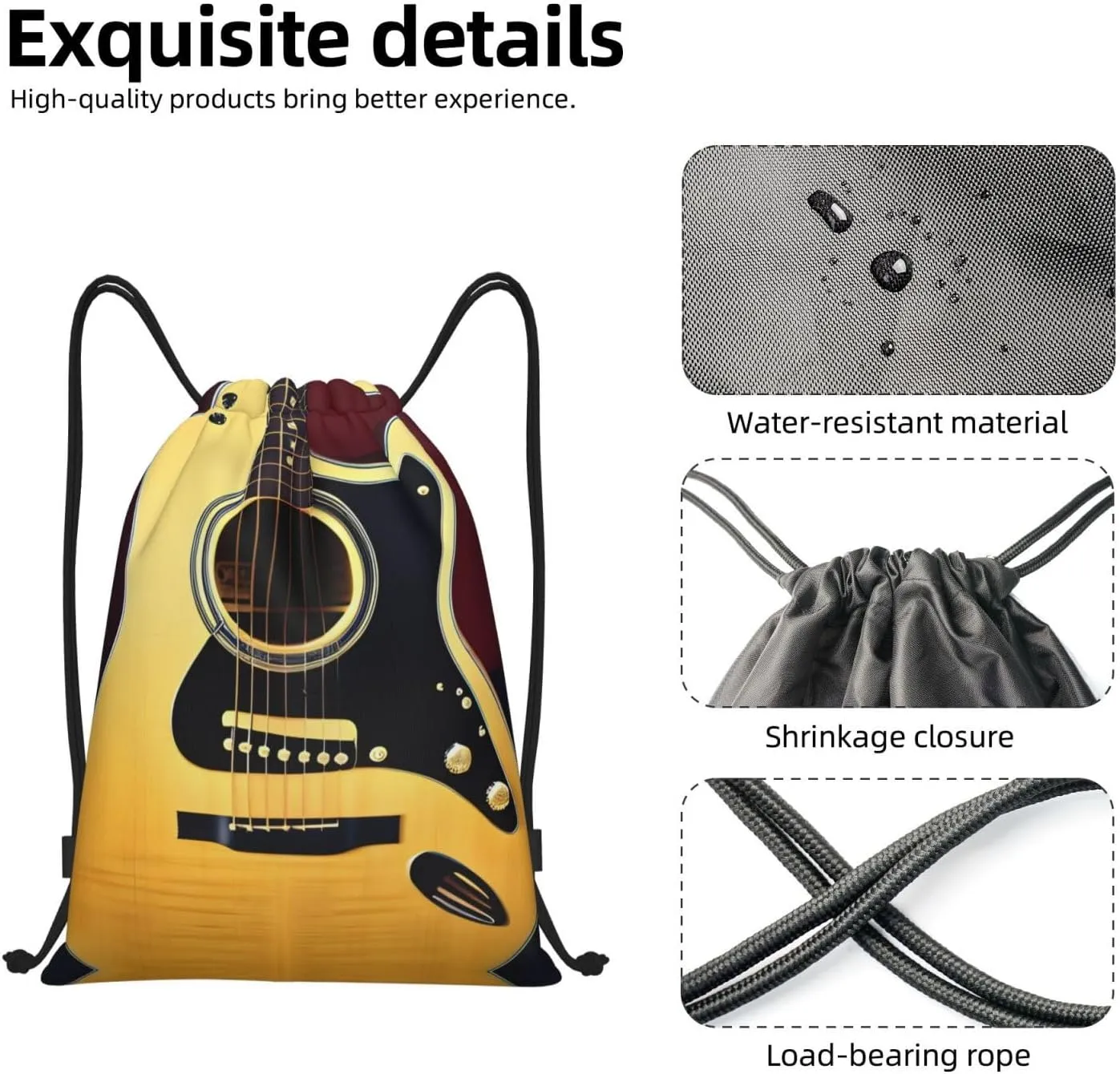 Note Guitar Waterproof Drawstring Gym Backpack Bag For Men&Women,Sport Gym Sack Travel Daypack,Personalized