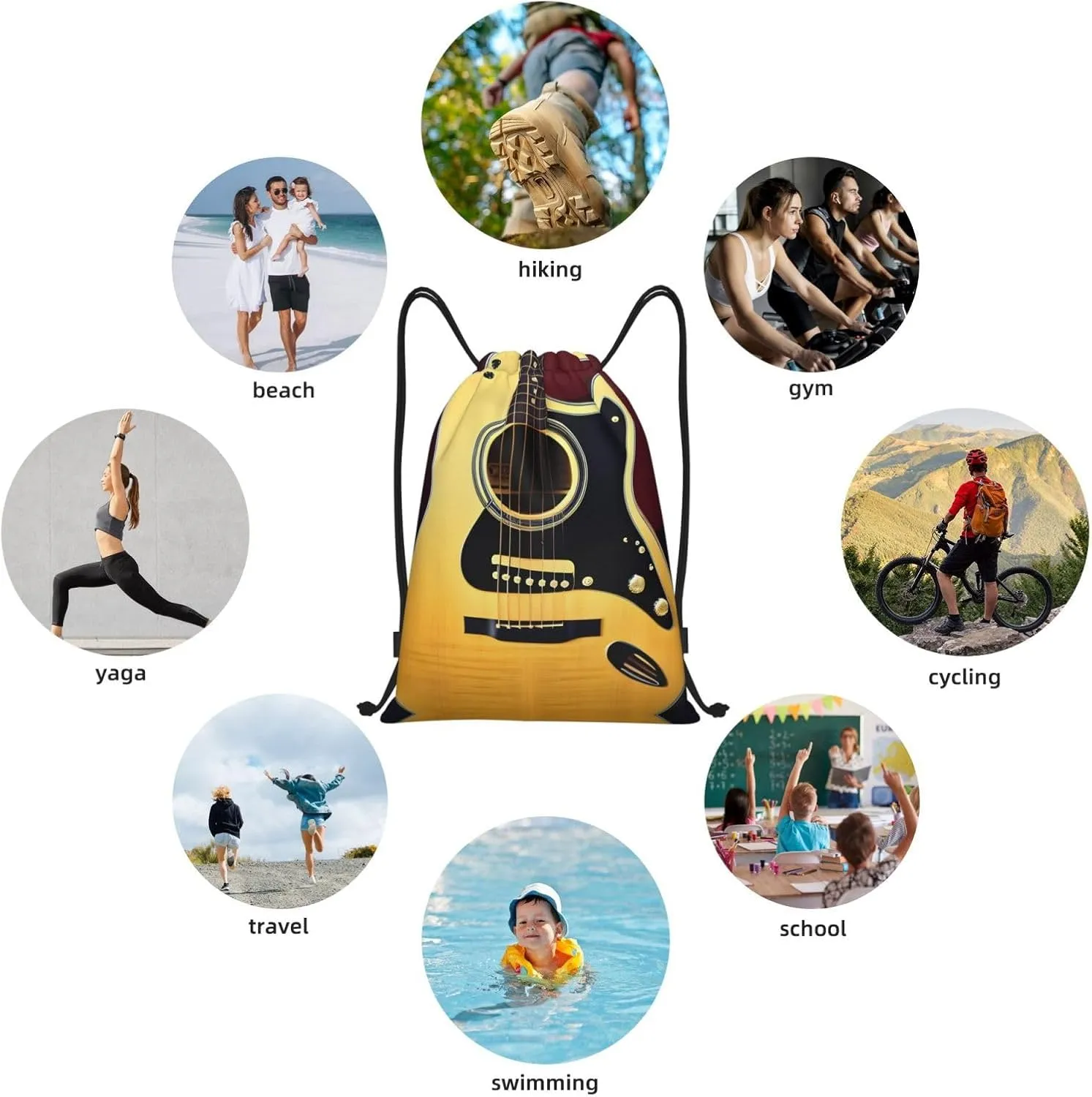 Note Guitar Waterproof Drawstring Gym Backpack Bag For Men&Women,Sport Gym Sack Travel Daypack,Personalized