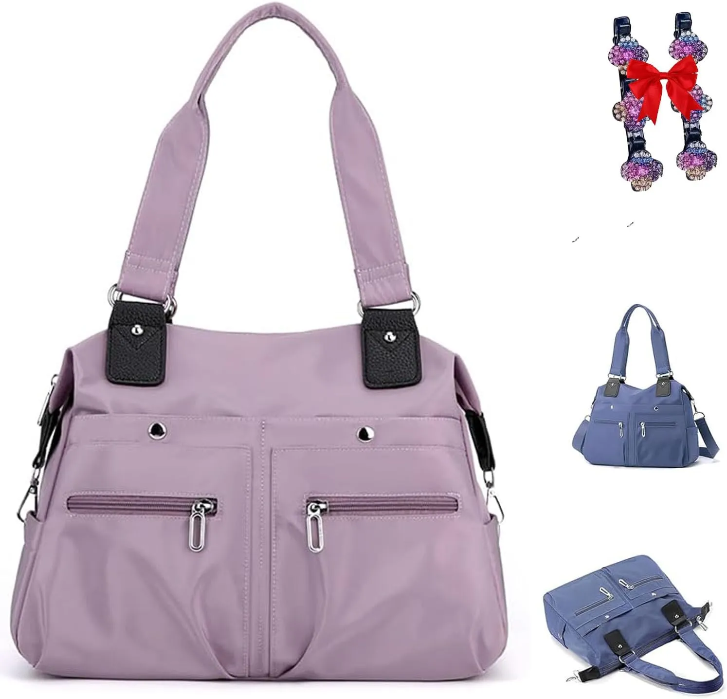 Nylon Waterproof Tote Bag,Womens Tote Handbags,Large Capacity Waterproof Multi Pocket Shoulder Bag with Zipper