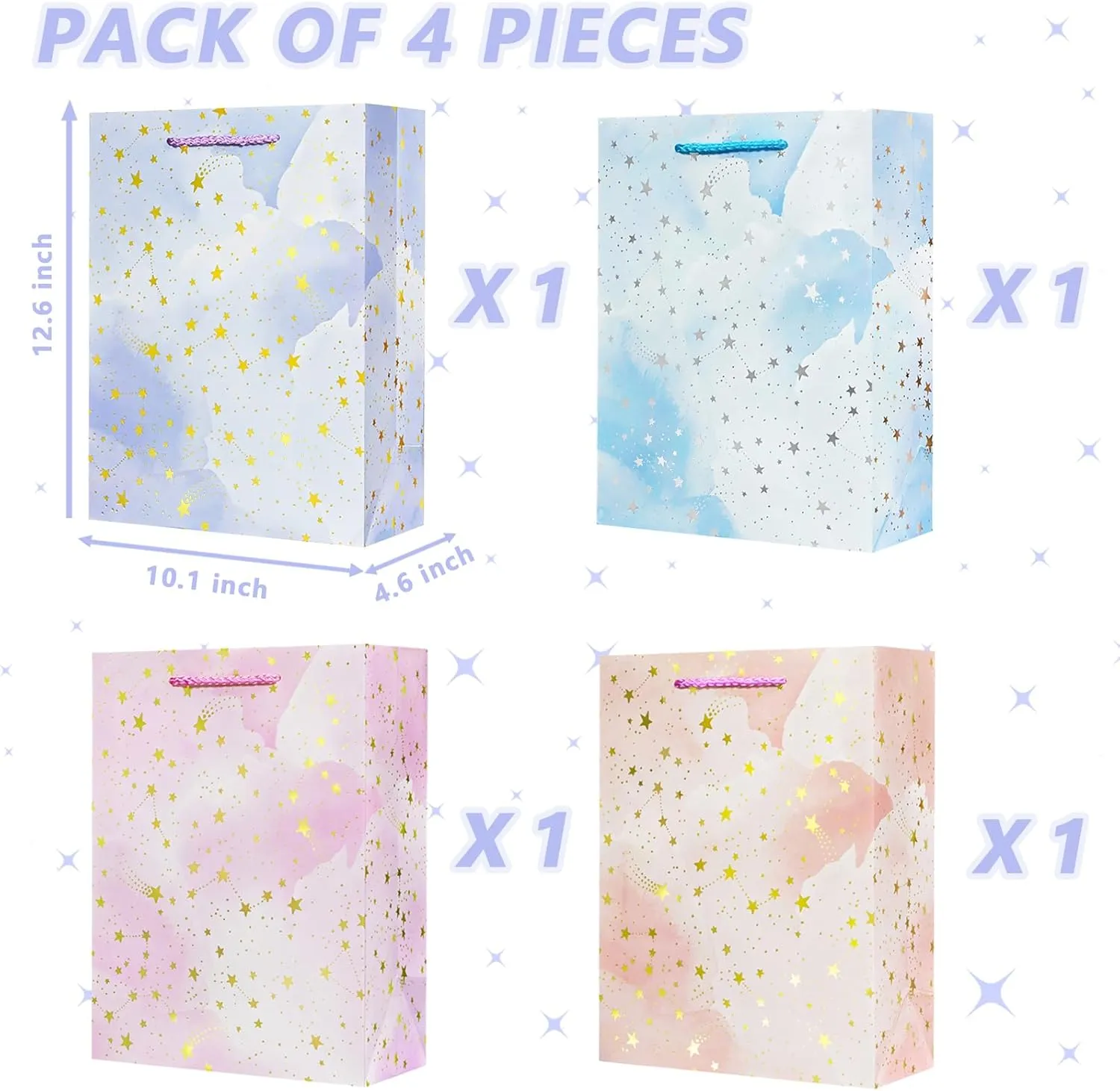 OFIHANLY 4Pcs 12.6" Medium Size Gift Bag with Handles for Women Men Boy Girls Kids Baby Cute Star Gift Wrap Bags with Tissue Paper for Birthday,Party,Wedding,Bridal Shower,Anniversary,Baby Shower