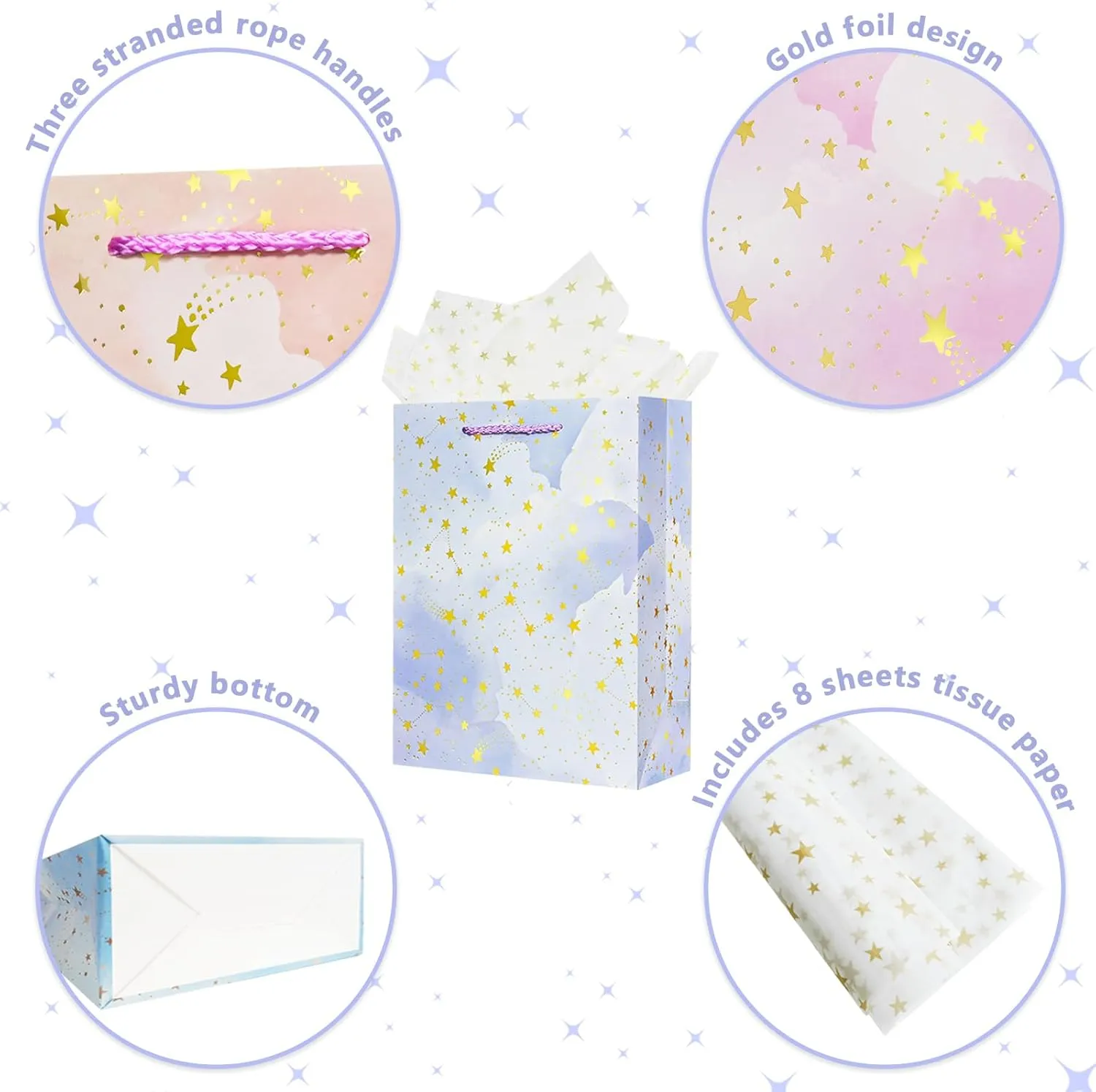 OFIHANLY 4Pcs 12.6" Medium Size Gift Bag with Handles for Women Men Boy Girls Kids Baby Cute Star Gift Wrap Bags with Tissue Paper for Birthday,Party,Wedding,Bridal Shower,Anniversary,Baby Shower